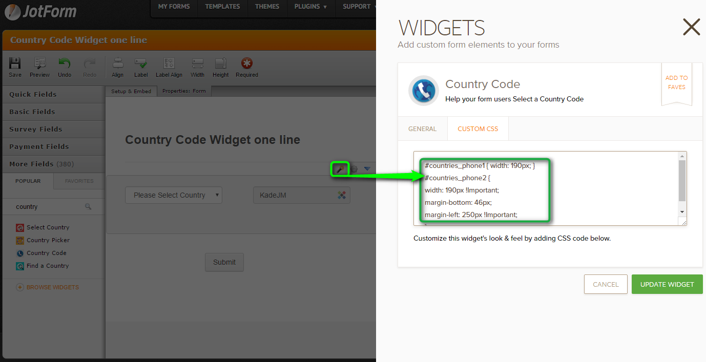 How can I style the country code widget fields onto one line? Image 1 Screenshot 20