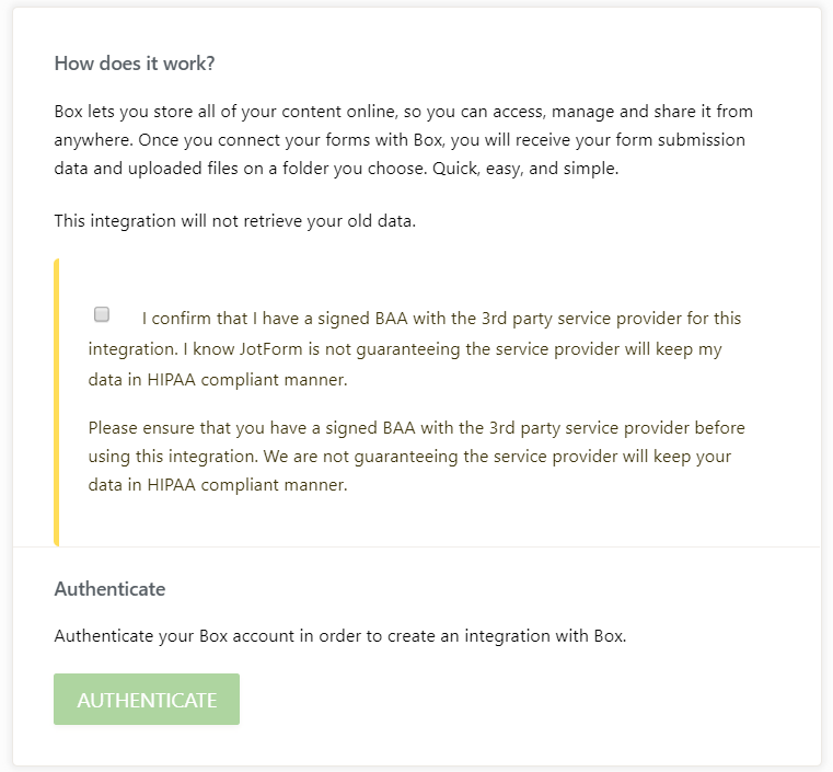 Why is JotForm Box integration is not HIPAA compliant? Image 1 Screenshot 20