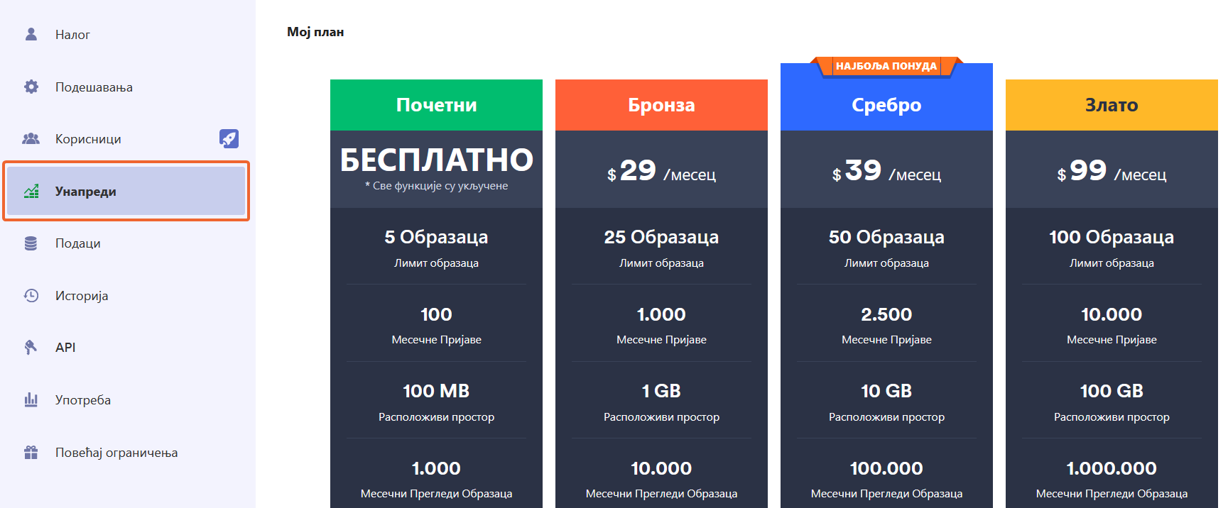 Унапређивање налога из подешавања налога