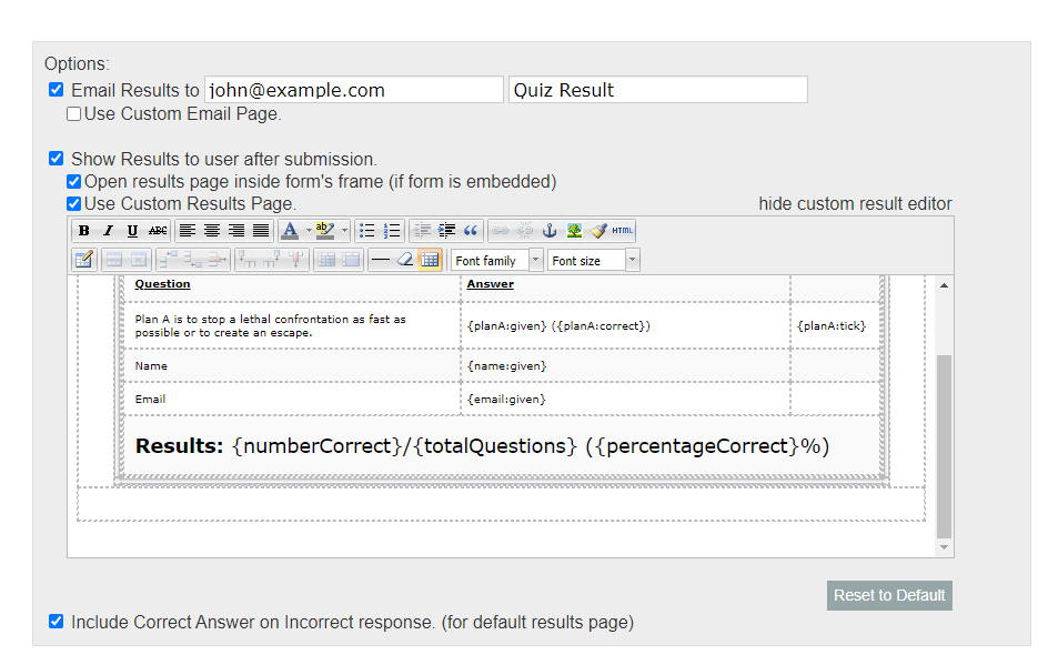 JotForm Quiz form can it show the user the test results in the survey and also export PDF