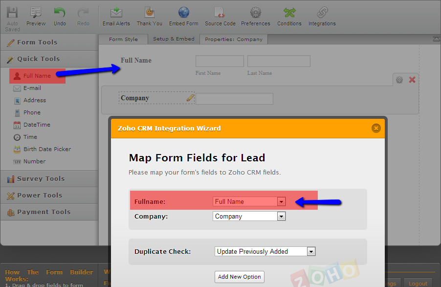 How does the full name jotforms field integrate with the first name and last name zoho crm fields? Image 1 Screenshot 20