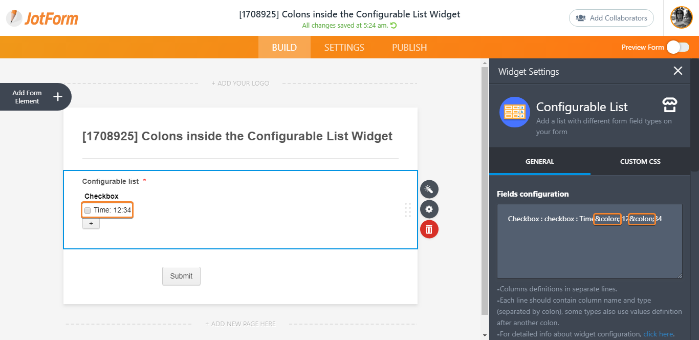 How can I type colons inside the Configurable List Widget? Image 1 Screenshot 20