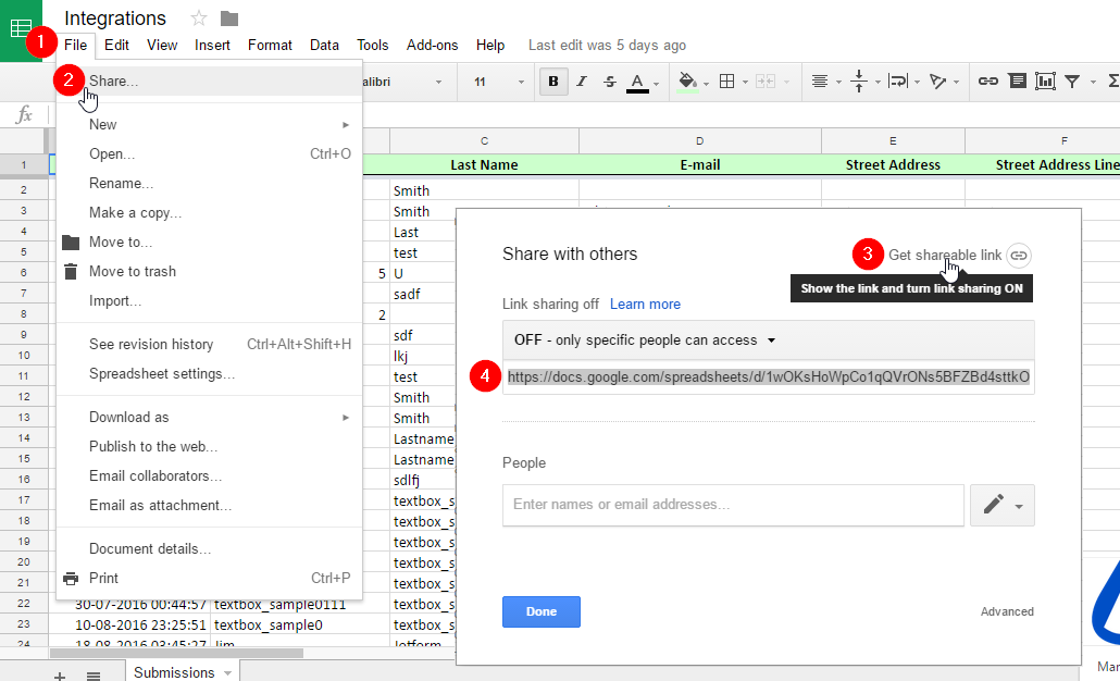 How can I share the integrated Google Spreadsheet Image 1 Screenshot 20