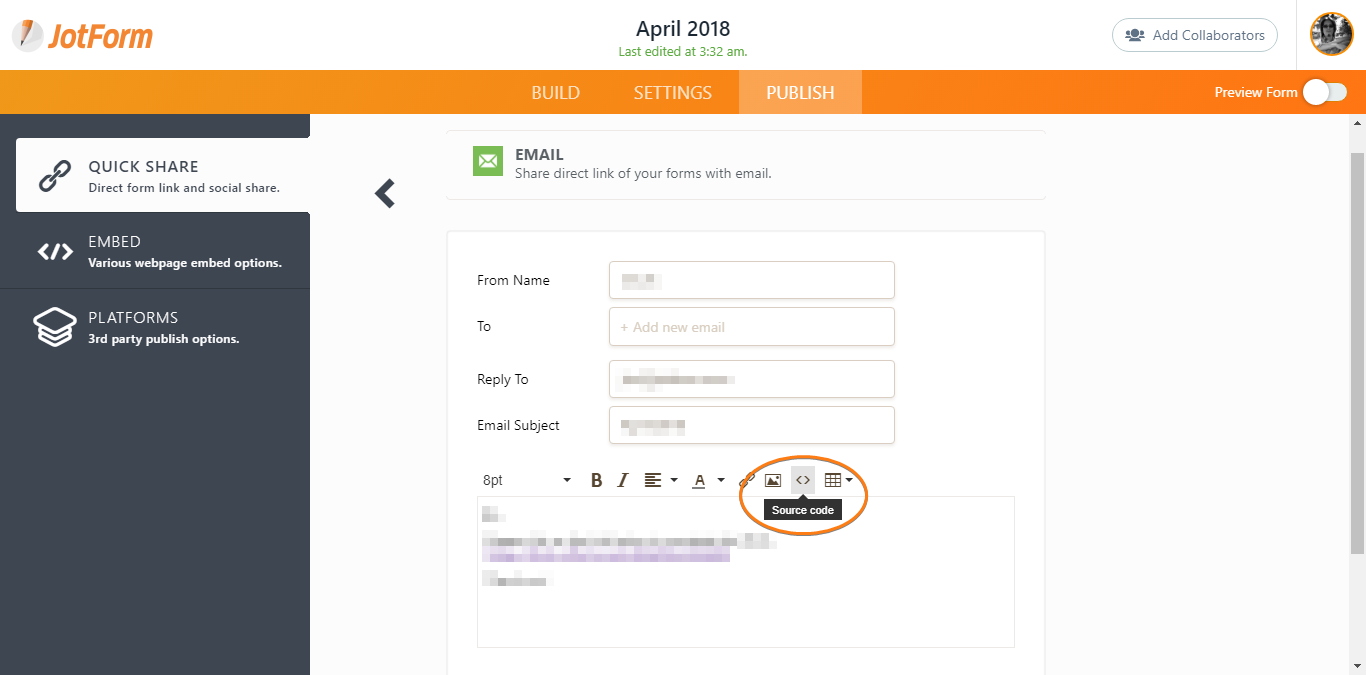 Can I embed a form within the email body rather than linking to it? Image 2 Screenshot 41