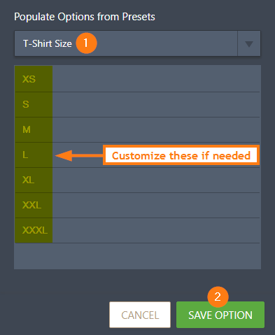 Populate Options from Presets - T-Shirt Size