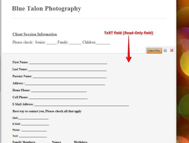 Hi, I successfully sent my form to my webpage, but I am not able to type any information onto the form Screenshot 20