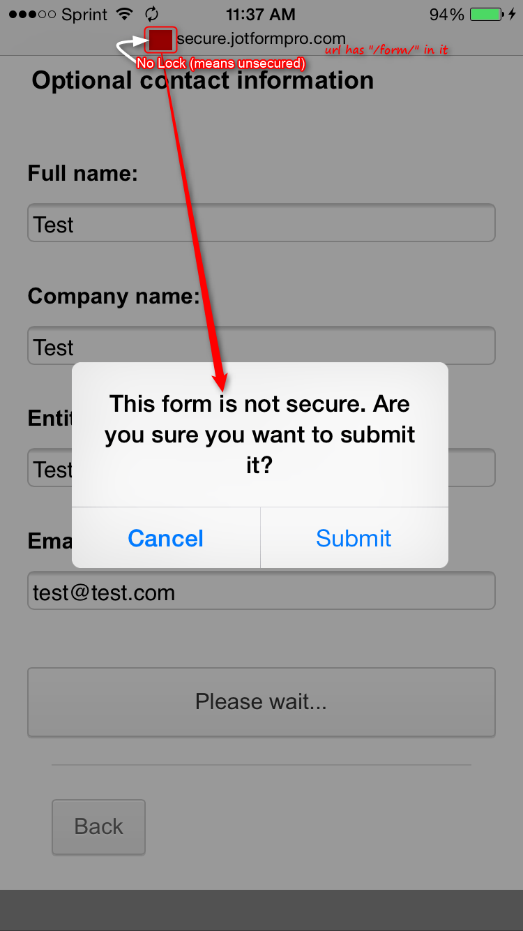 Unsecured Form Warning when Secured Form is Submitted on iPhone Image 1 Screenshot 30