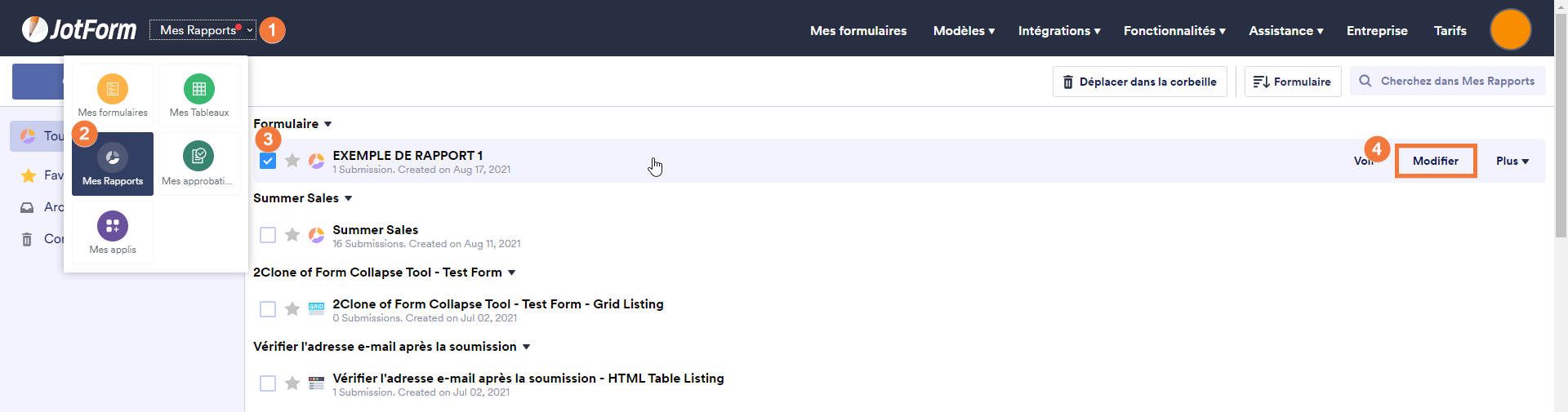 page Mes rapports Accéder aux rapports