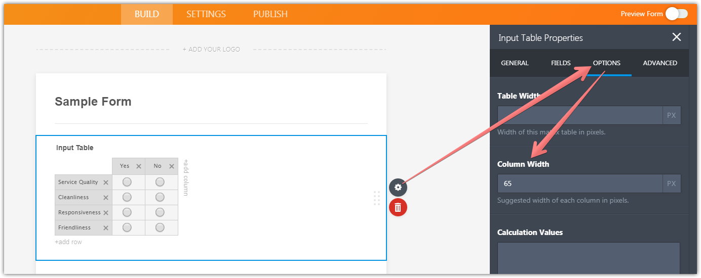 Creating table with yes/no radio button answers