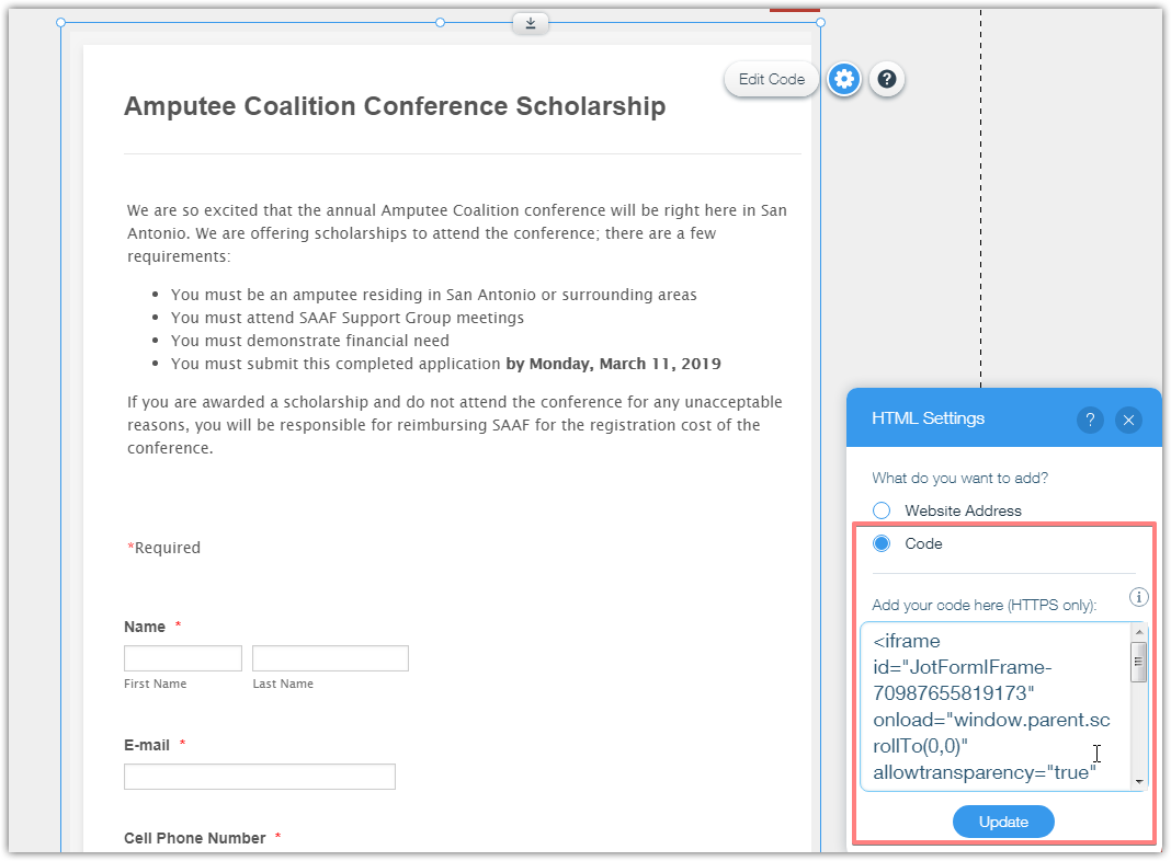 Wix Embedded Form Problems with form using smartphone