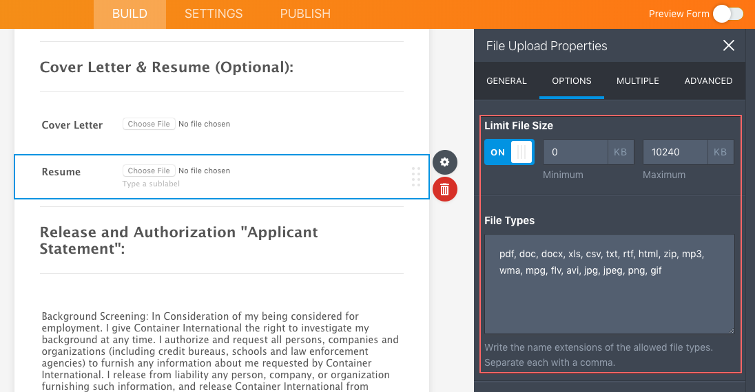 What file size and format is best for applicants to upload their resume? Image 1 Screenshot 20