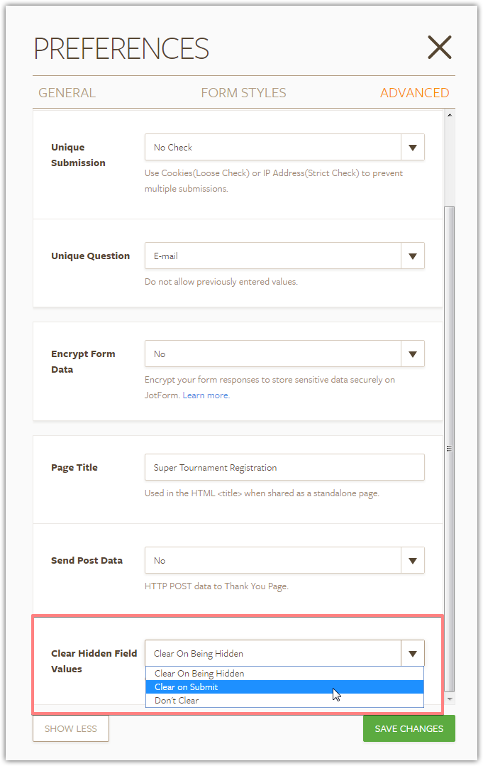 spring form value field hidden hidden is form freezing 'Clear Values: option' on being the Field