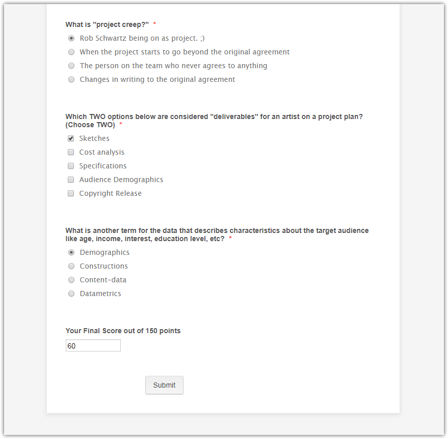Form calculation not working on quiz form