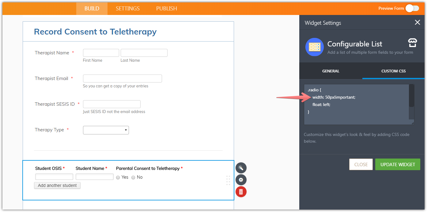 Configurable List Widget Make radio buttons horizontal