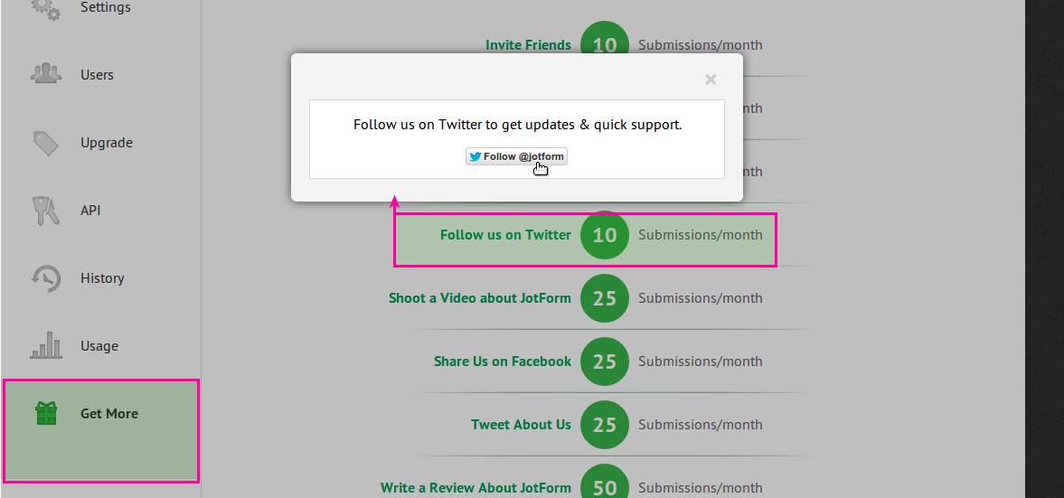 Already follow JotForm on Twitter & Facebook but space limit never get increased Image 1 Screenshot 20