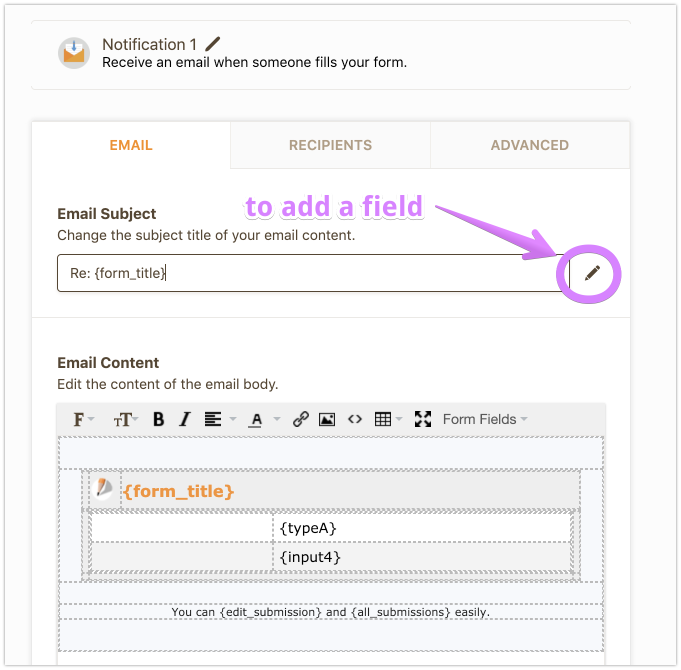 Can you add a field from the form to the subject line of the email?  Image 1 Screenshot 20