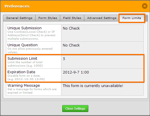 Is it also possible to limit the number of submissions per form? Image 1 Screenshot 20
