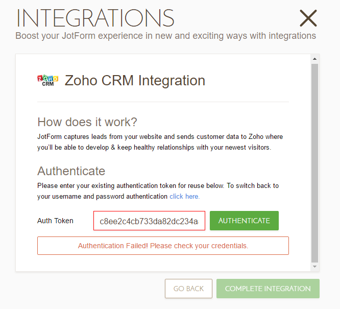 Zoho CRM: Authentication Failed error when editing the integration Image 1 Screenshot 30
