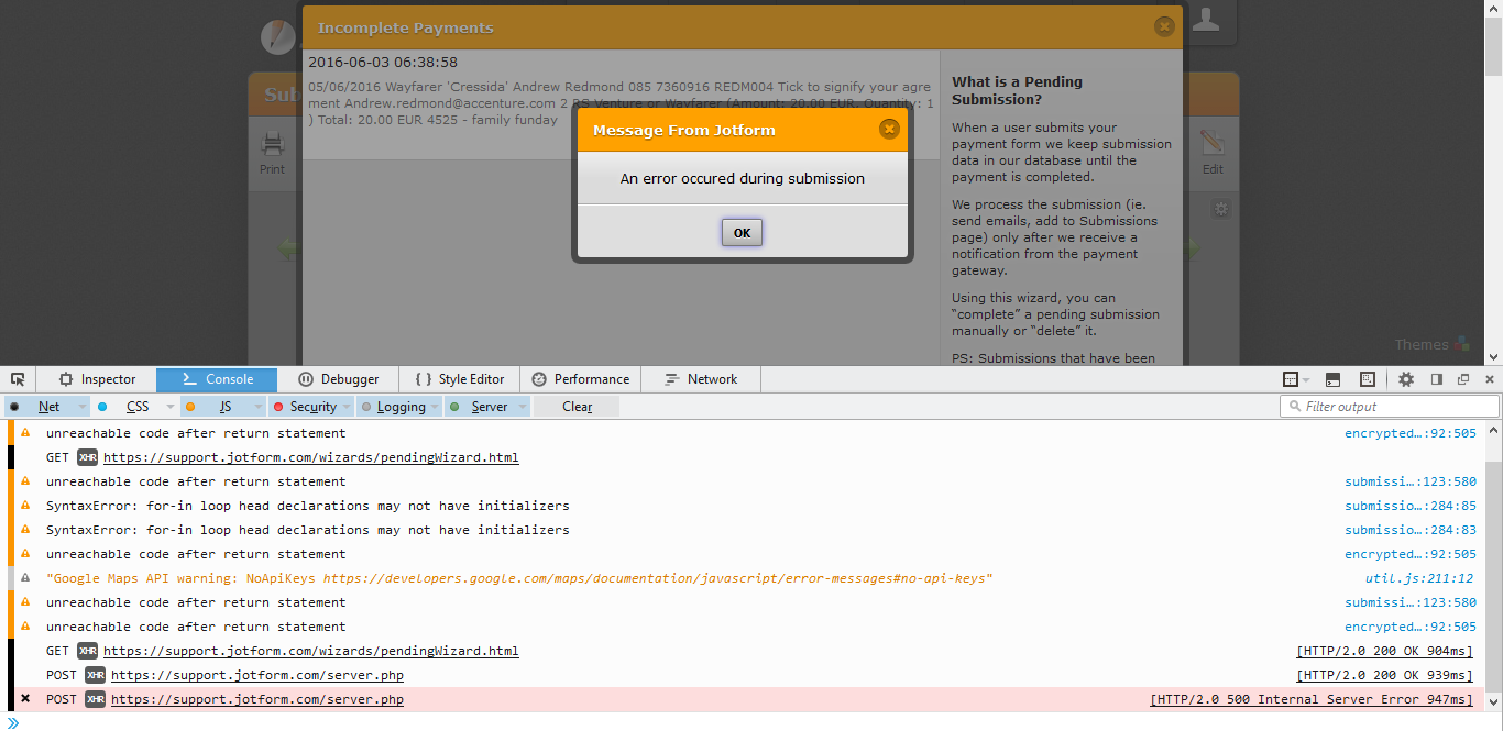 Im getting An error occured during submission when completing incomplete payment Image 1 Screenshot 20