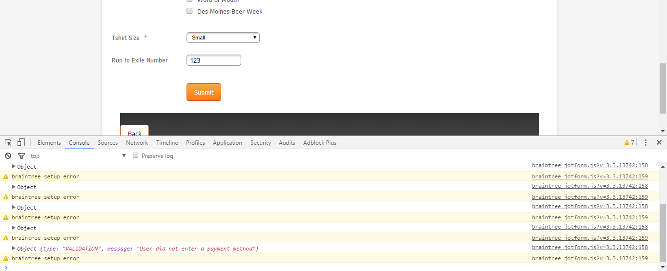 My form wont submit, showing Braintree error on console logs Image 1 Screenshot 20
