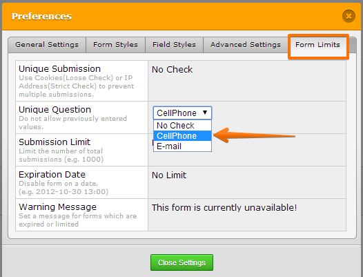 Form Limits>>Unique Question: include a button on the warning to go back to the form. Image-10