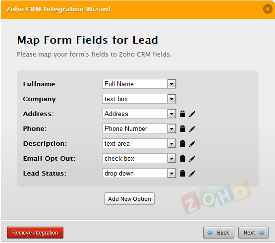 What type of options can we use that will sync with Zoho CRM integration? Image 1 Screenshot 20