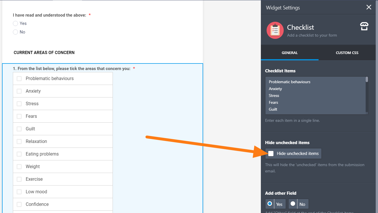 Hiding unchecked items from the Checklist widget in an email submission Image 1 Screenshot 20