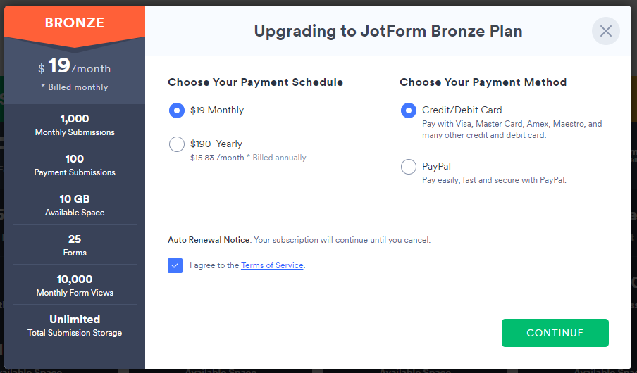 Click to enlarge Jotform Bronze plan