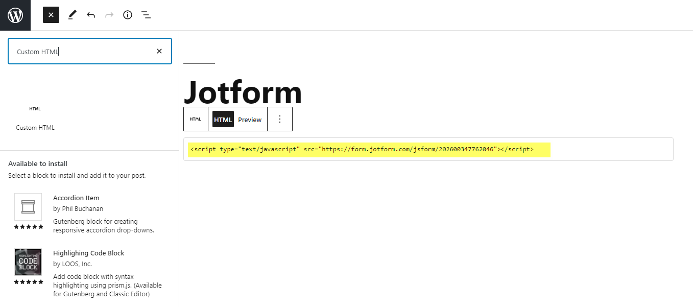 JotForm WordPress  - HTML JotForm